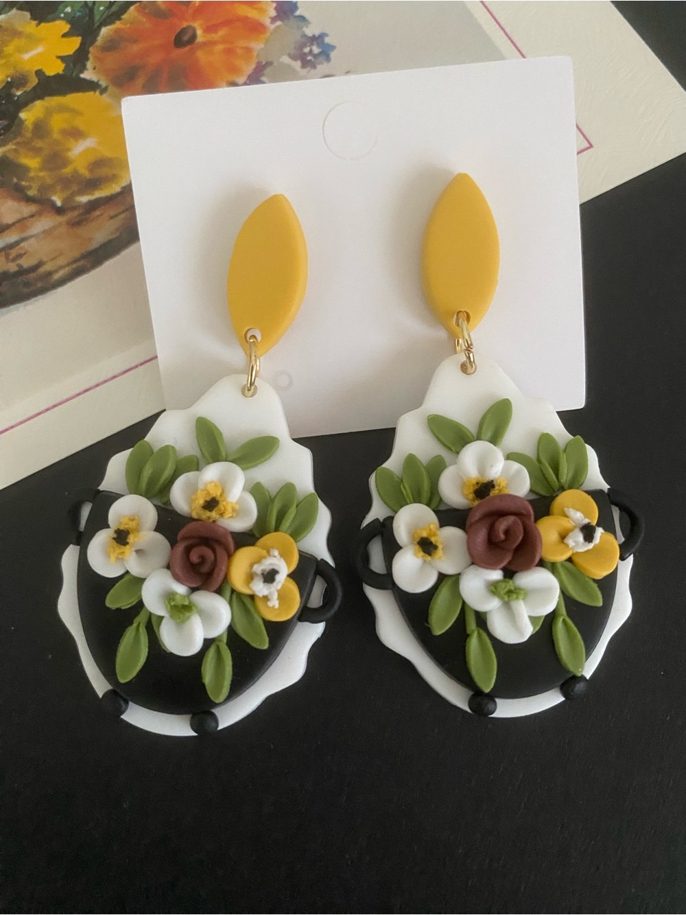 Floral Drop Earrings in Mustard Yellow, White and Black